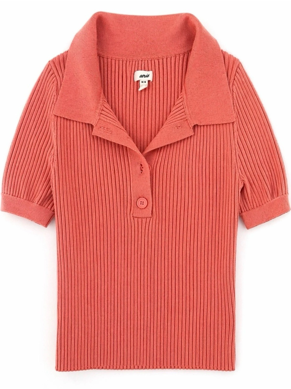 Aerie Coral Ribbed Knit Short Sleeve Polo Top Medium